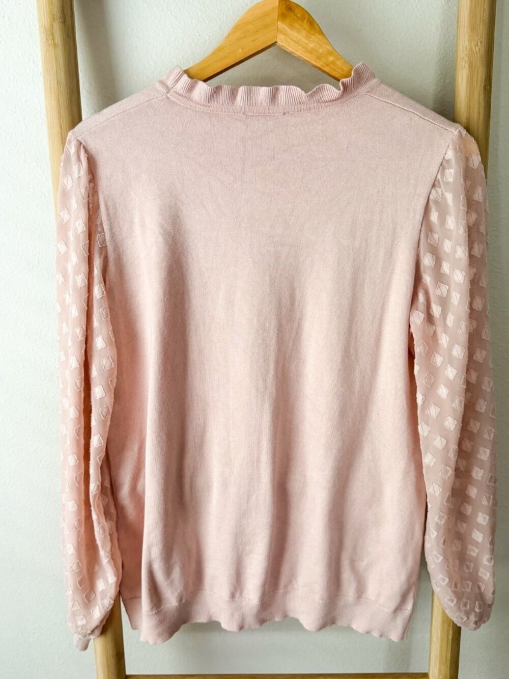 Adrianna Papell Pink Swiss Dot Sheer Sleeve Ruffle Sweater Top Large - Picture 4 of 5